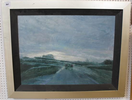 § Reuben Colley (Modern British) Landscape at dusk, a car driving along the road, 19.5 x 26.5in.